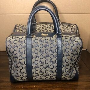 CELINE Navy Blue and Grey Monogram Boston Carry On Overnight Travel Bag 30cm